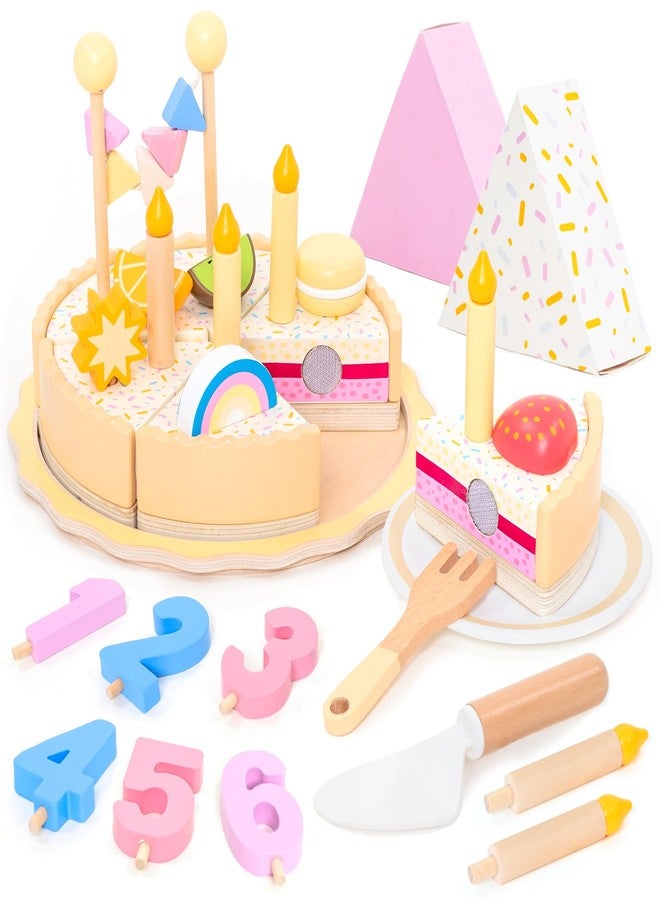 UMU® Wooden Birthday Cake Playset - Pretend Kitchen Toy with Candles Numbers Fruits & Toppings - Wooden Play Food for Kids Ages 3 4 5 - Role Play Party Toy for Girls & Boys - Image 1